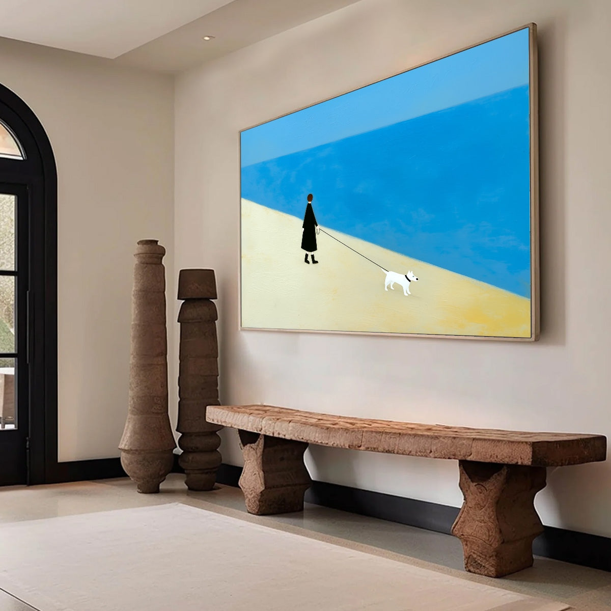 Original textured minimalist painting: Companion seaside scene with person & dog.