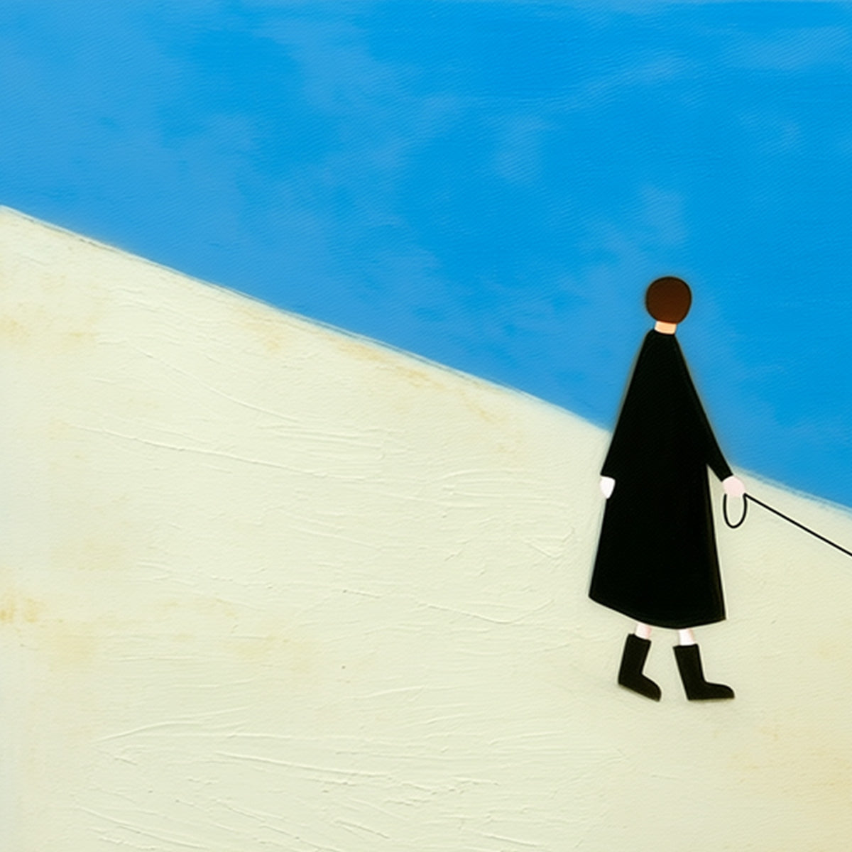 Textured original oil painting: person & dog on sandy shore, blue sky. Modern wall art.