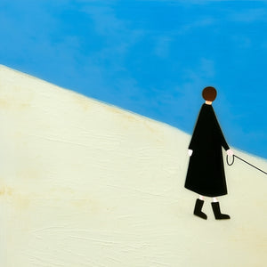 Textured original oil painting: person & dog on sandy shore, blue sky. Modern wall art.