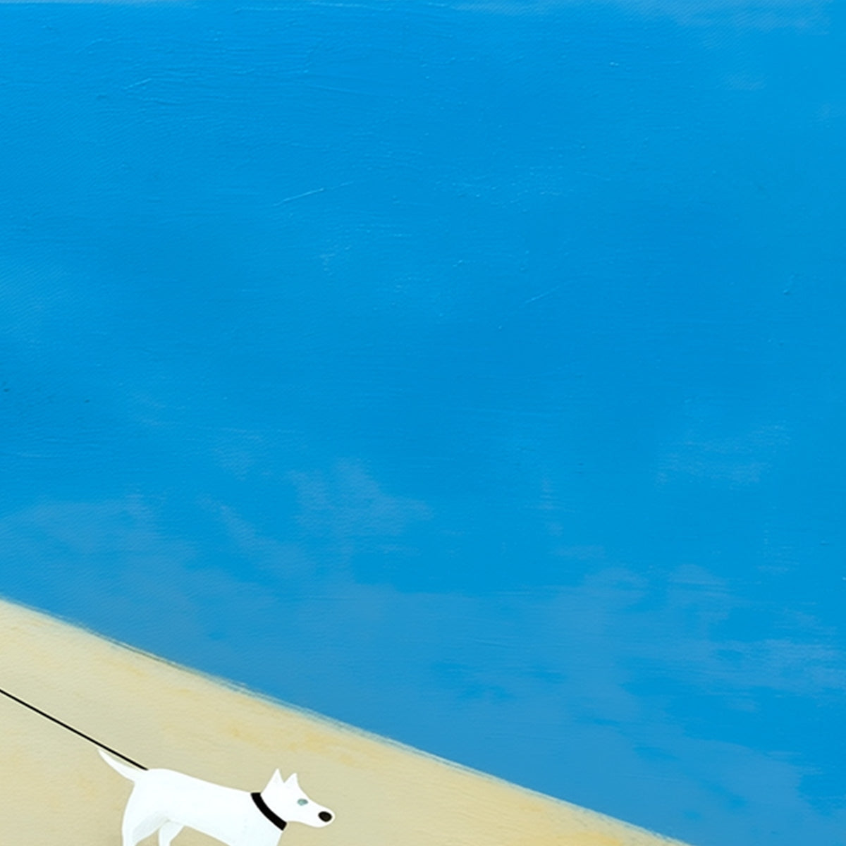 Original textured abstract painting of white dog on seaside stroll.