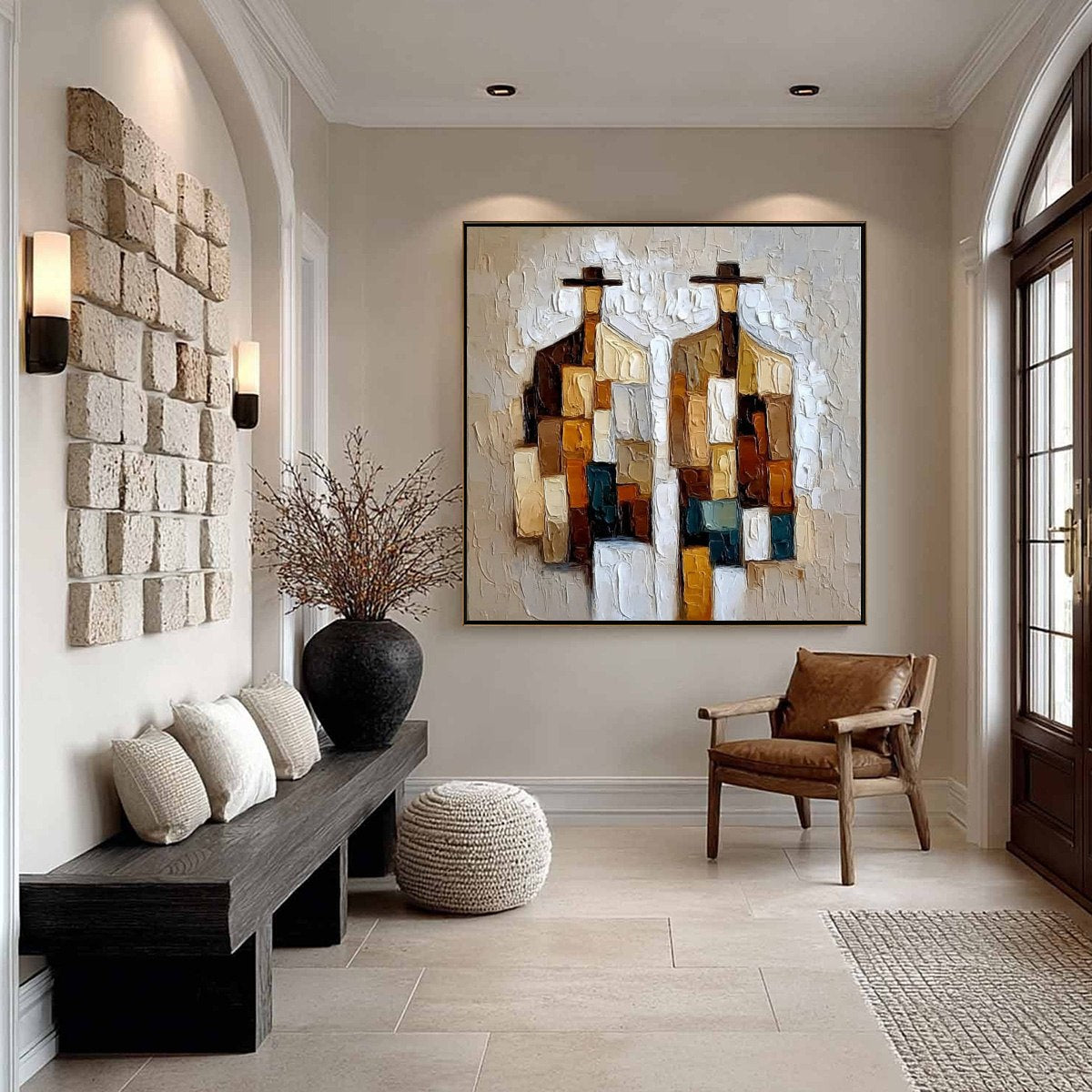 COMPANIONS: Heavy Texture Abstract Figurative Palette Knife Oil Painting
