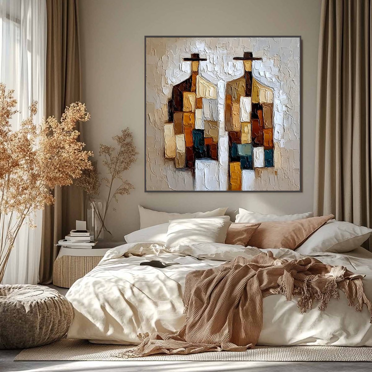 COMPANIONS: Heavy Texture Abstract Figurative Palette Knife Oil Painting