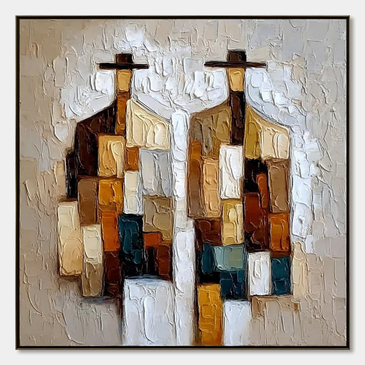 COMPANIONS: Heavy Texture Abstract Figurative Palette Knife Oil Painting
