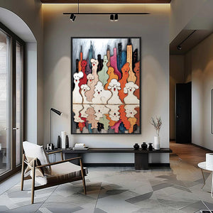CONCRETE CARNIVAL: Textured Abstract Cityscape Painting with Whimsical Figures