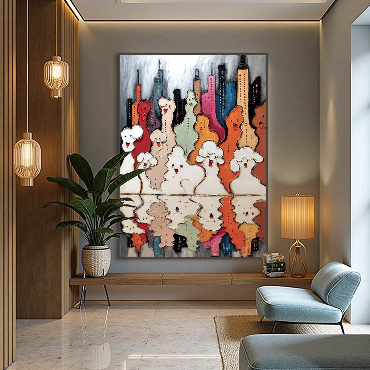 CONCRETE CARNIVAL: Textured Abstract Cityscape Painting with Whimsical Figures