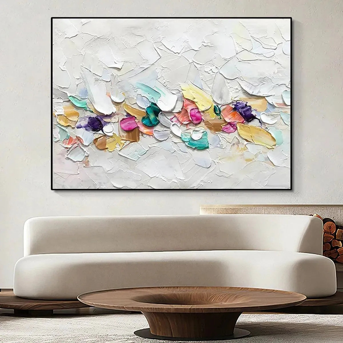 Confetti Dream abstract painting by Willow Davies: pastel rainbow textured impasto on white, framed artwork.