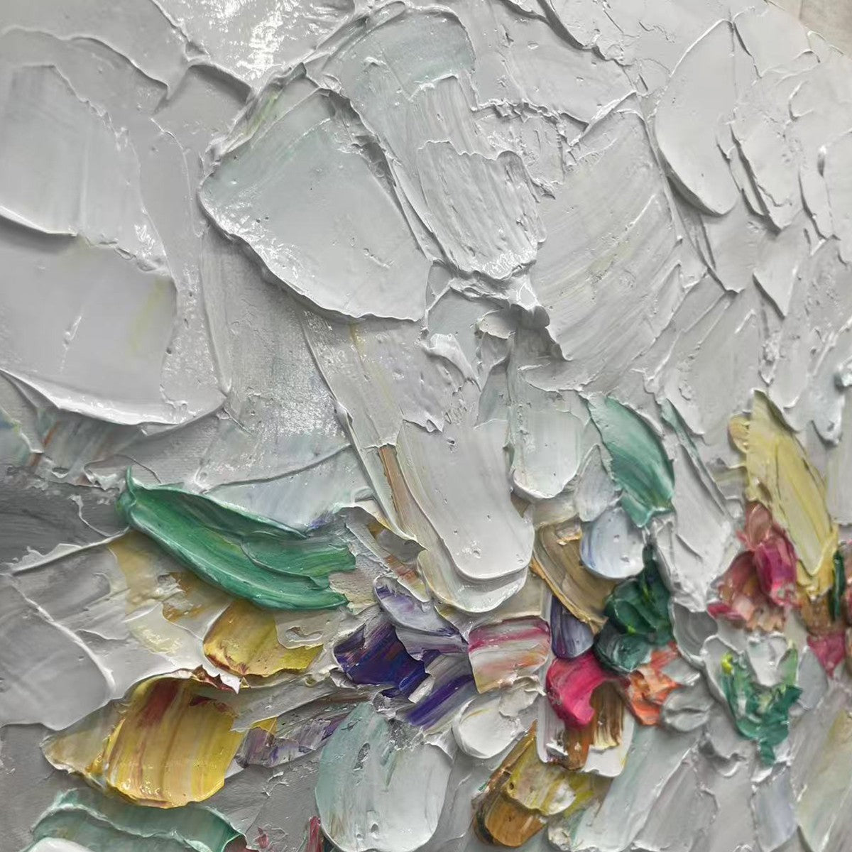 Confetti Dream abstract painting by Willow Davies: pastel rainbow textured impasto on white, framed artwork.