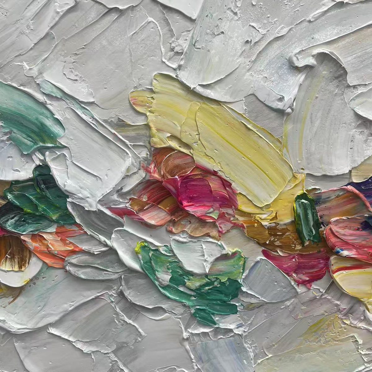 Confetti Dream abstract painting by Willow Davies: pastel rainbow textured impasto on white, framed artwork.