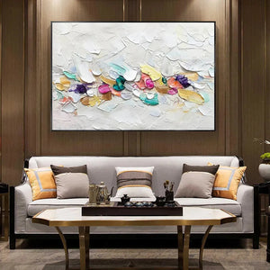 Confetti Dream abstract painting by Willow Davies: pastel rainbow textured impasto on white, framed artwork.