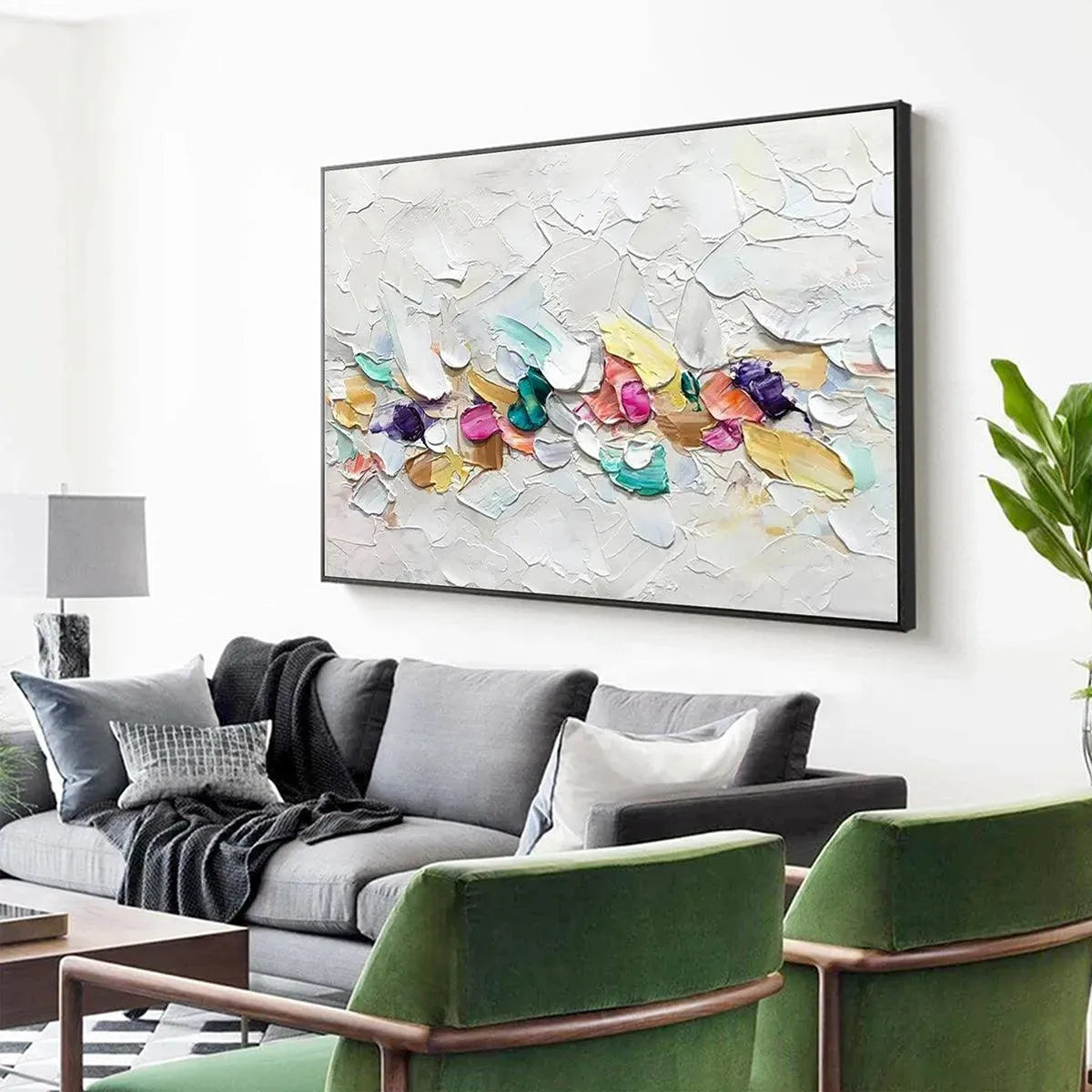 Confetti Dream abstract painting by Willow Davies: pastel rainbow textured impasto on white, framed artwork.
