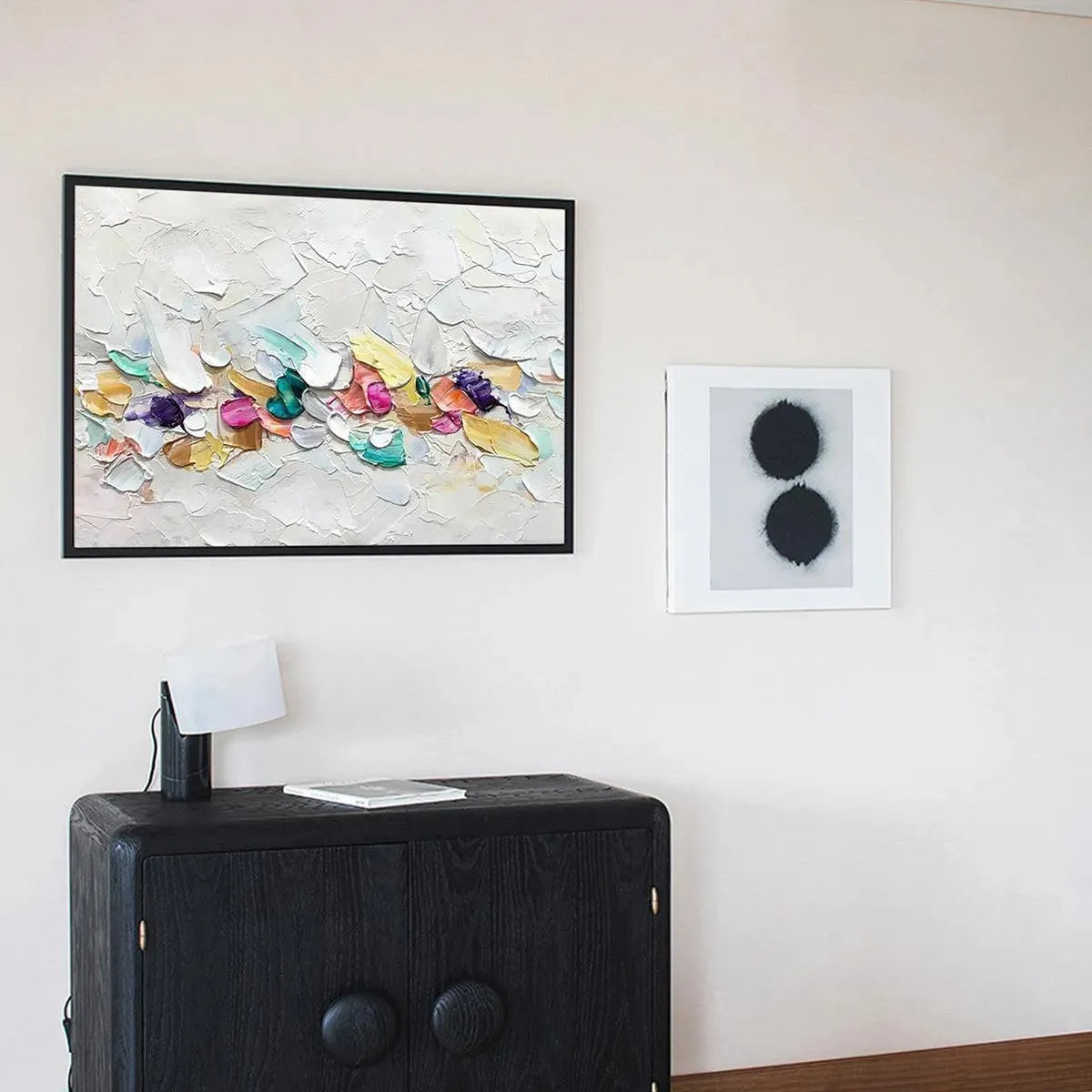 Confetti Dream abstract painting by Willow Davies: pastel rainbow textured impasto on white, framed artwork.