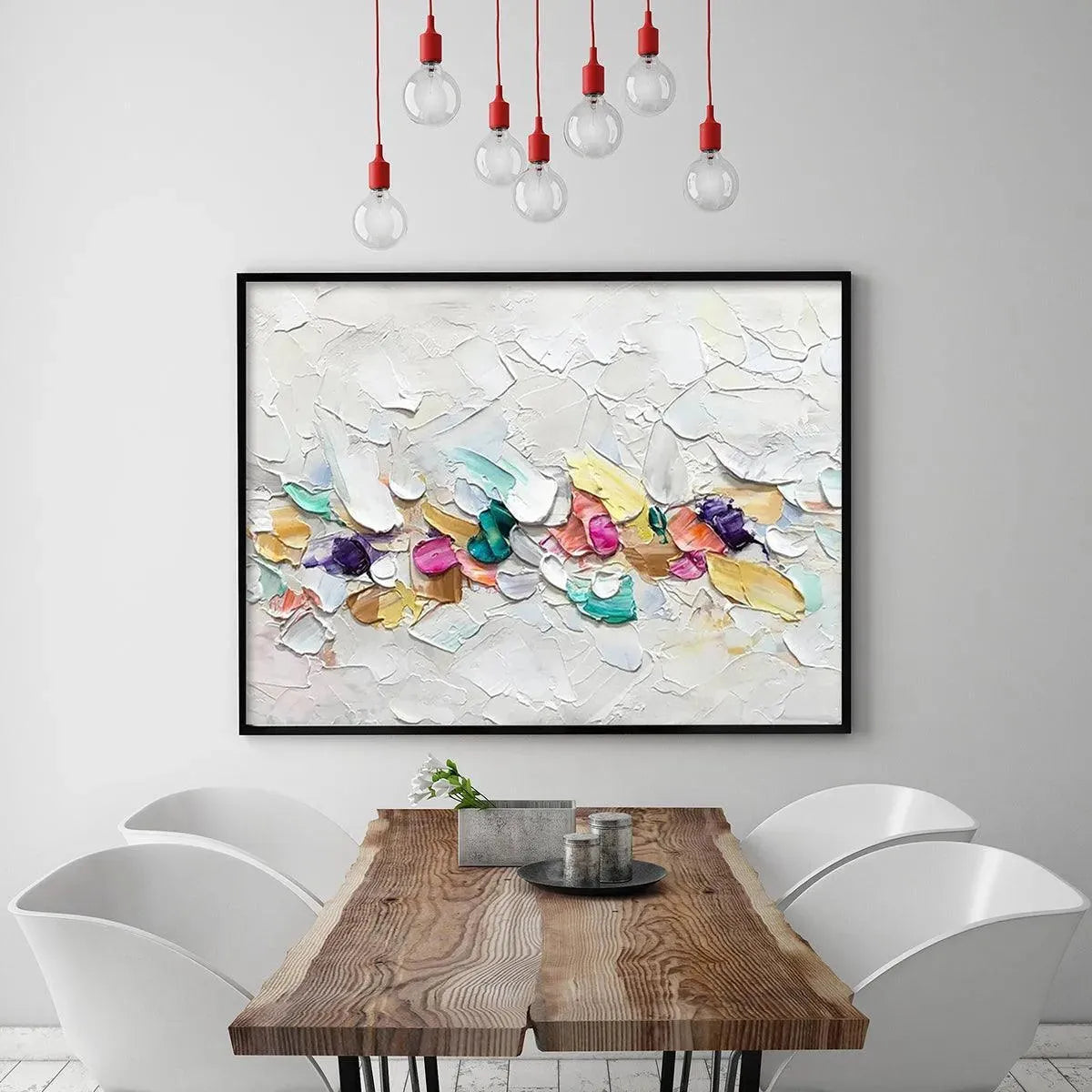Confetti Dream abstract painting by Willow Davies: pastel rainbow textured impasto on white, framed artwork.