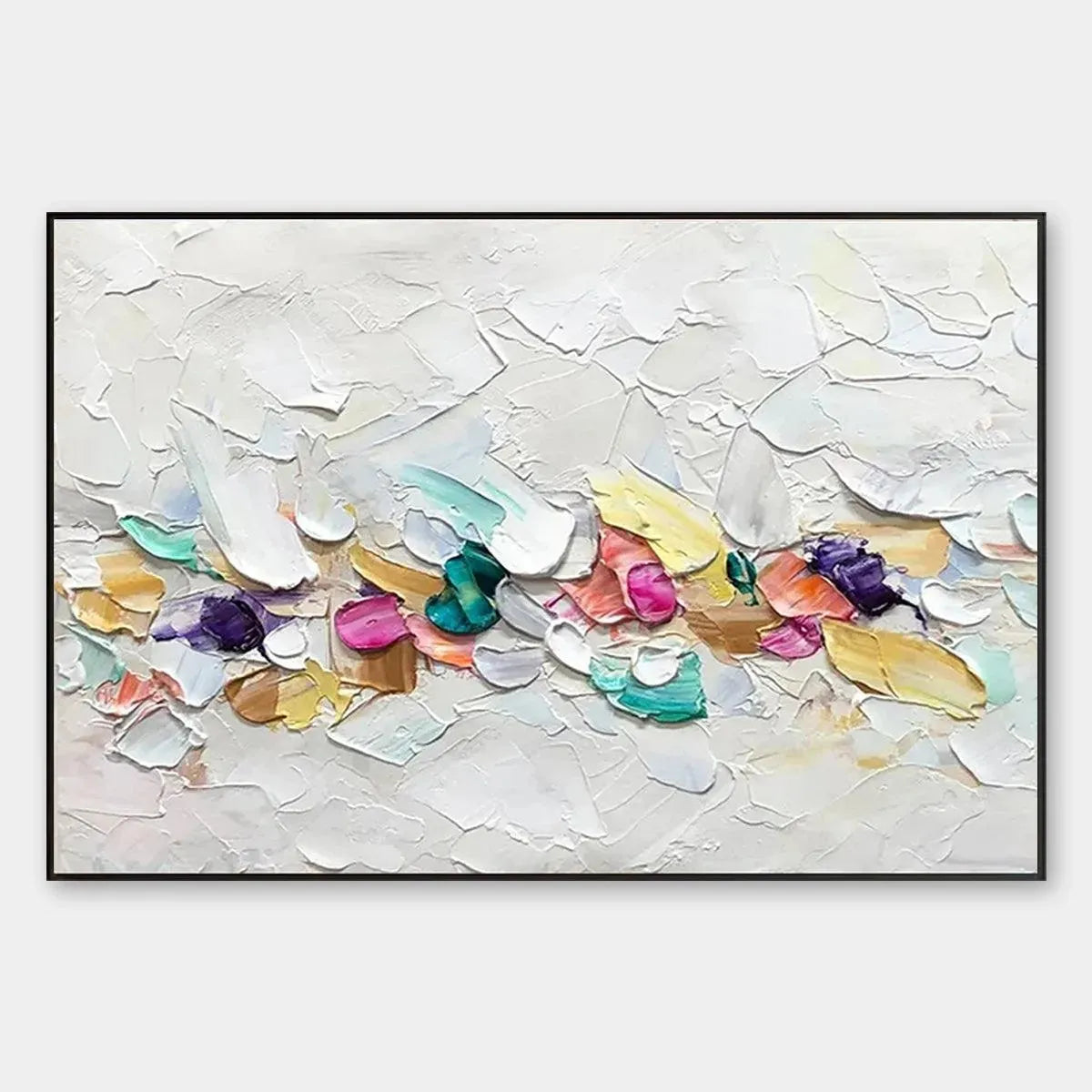 Confetti Dream abstract painting by Willow Davies: pastel rainbow textured impasto on white, framed artwork.