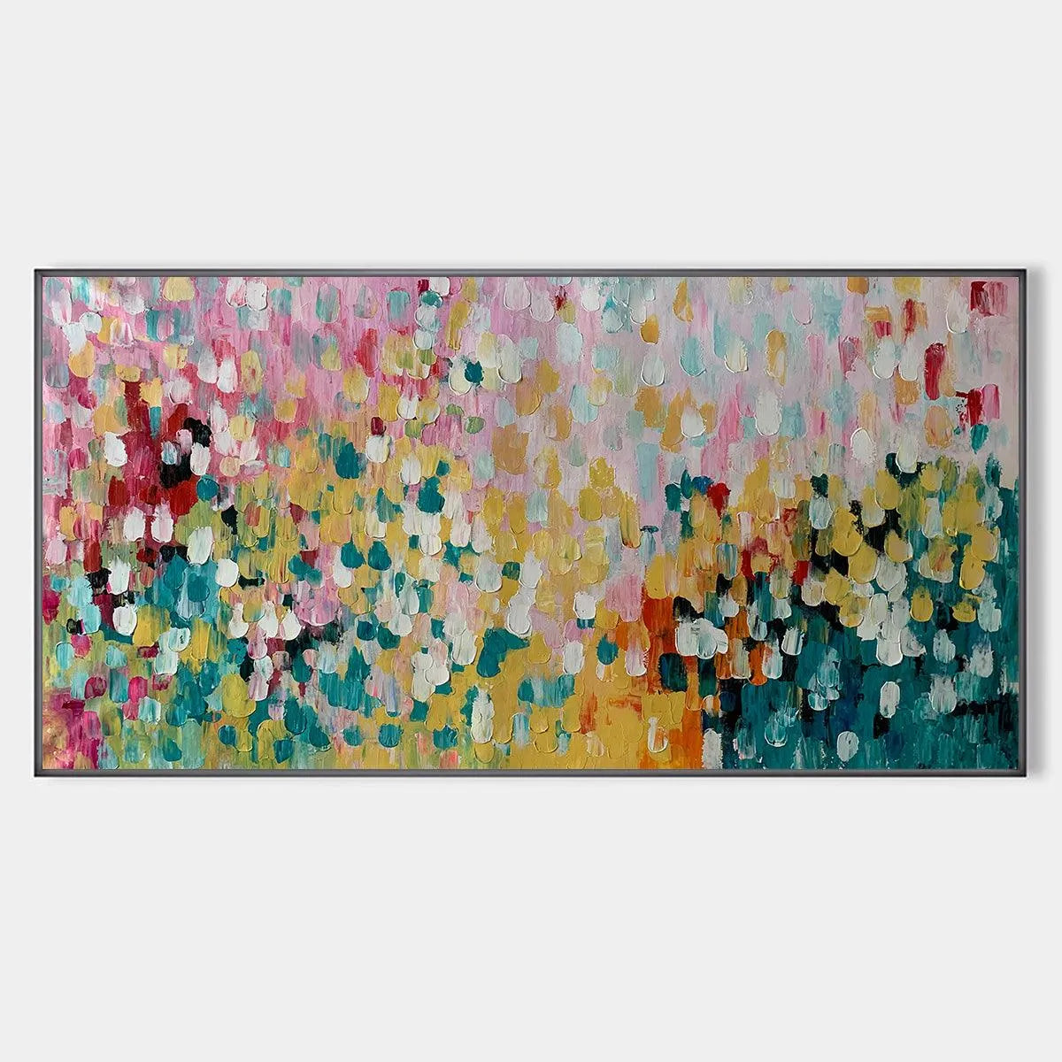 Abstract Floral Painting in Pink, Yellow, and Teal, Panoramic Canvas, Modern Wall Art