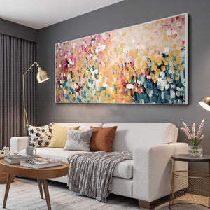 Confetti Garden: Abstract Floral Painting | Pink, Yellow, Teal | Panoramic Canvas | Modern Art
