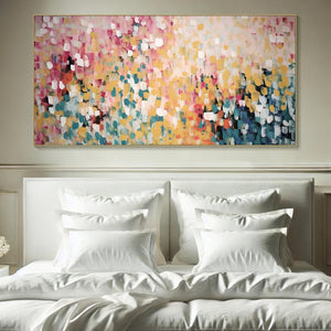 Confetti Garden: Abstract Floral Painting | Pink, Yellow, Teal | Panoramic Canvas | Modern Art