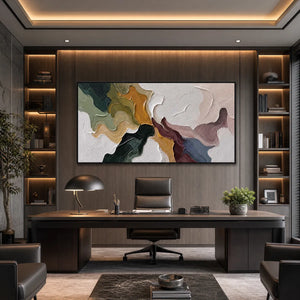 Colorful textured abstract impasto wall art in modern office, handmade oil painting