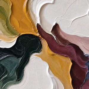Textured abstract impasto oil painting in mustard, olive, burgundy, black and white