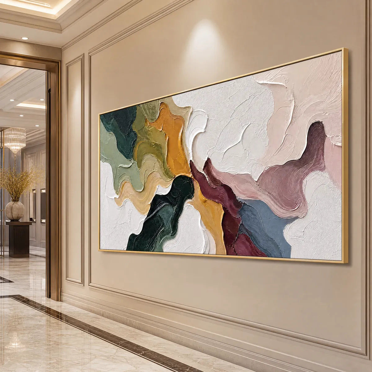 Colorful textured abstract impasto wall art in gold frame with earthy green, ochre, burgundy and blush tones