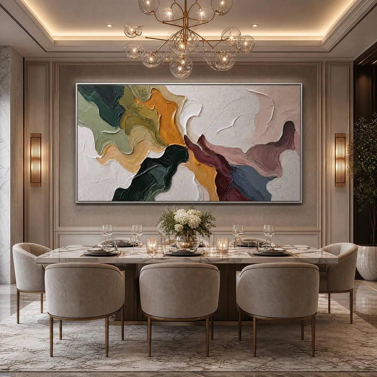 Colorful textured abstract impasto wall art in a luxury dining room