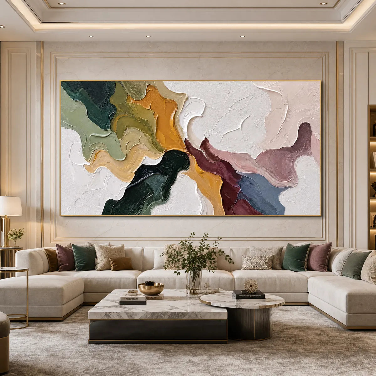 Colorful textured abstract impasto wall art above modern sectional sofa in luxury living room
