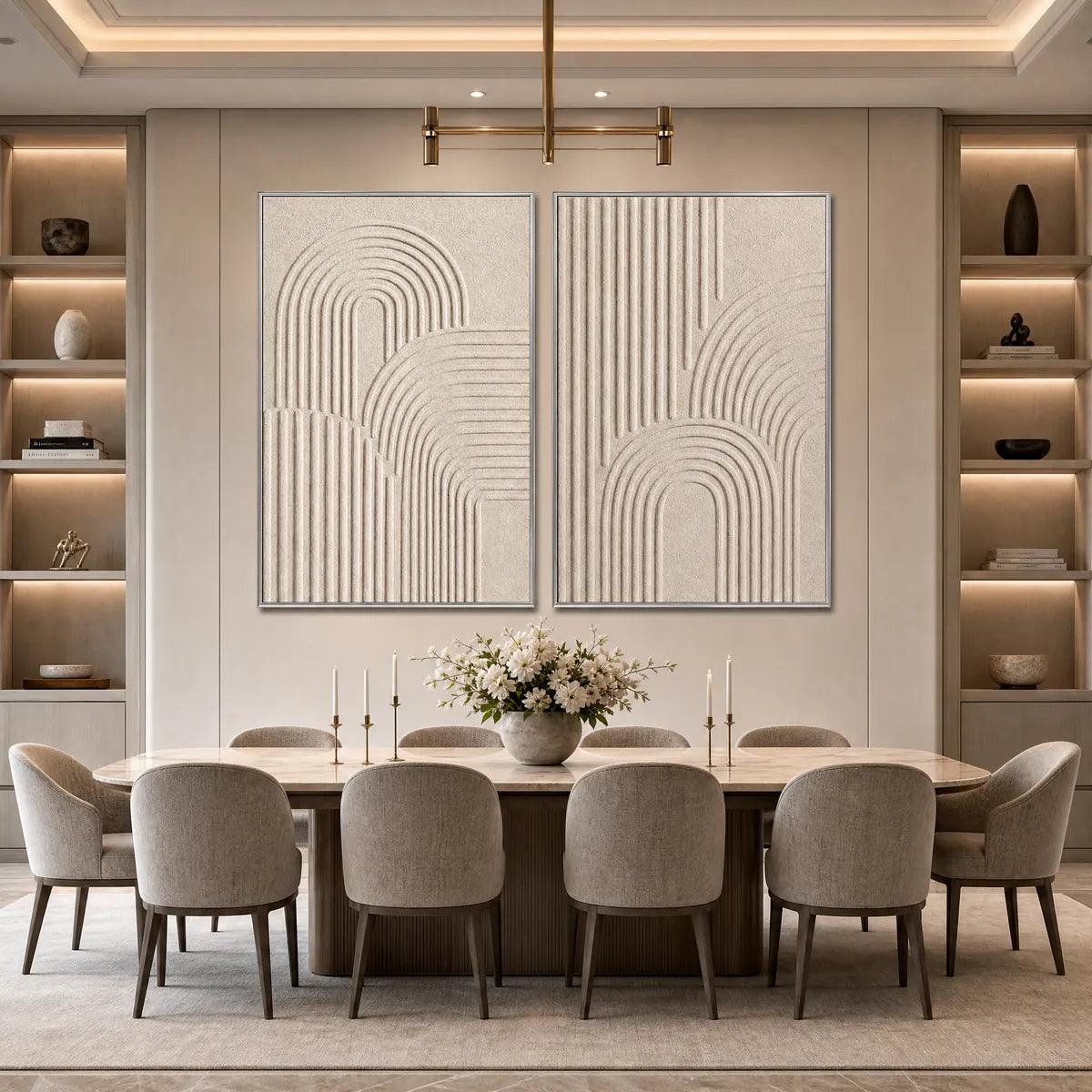 Beige textured Wabi-Sabi abstract diptych wall art in a modern dining room