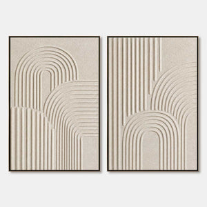 Beige textured minimalist Wabi-Sabi abstract diptych with arched relief lines