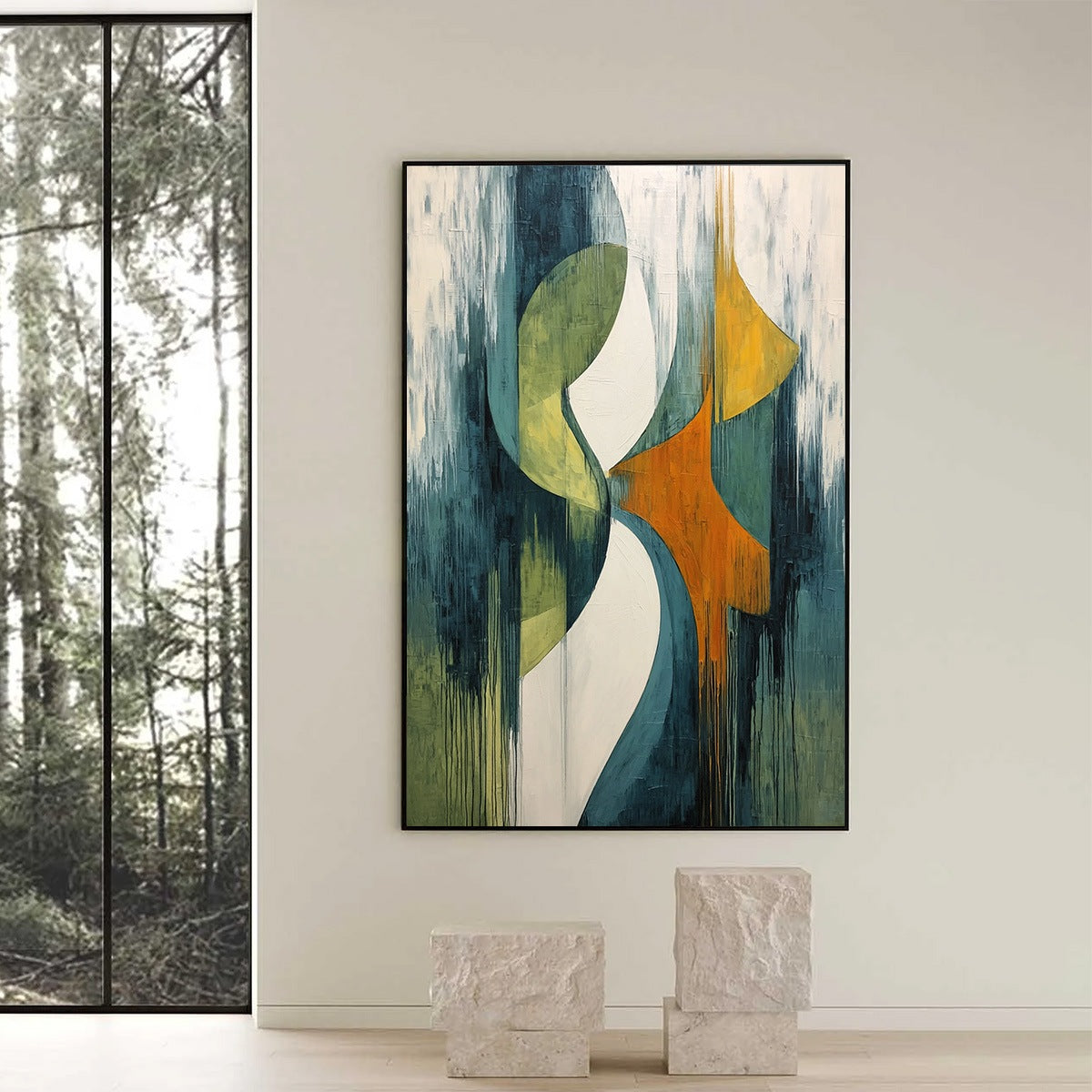 CONVERGENCE: Bold Vertical Abstract Painting with Textured Color Blocks