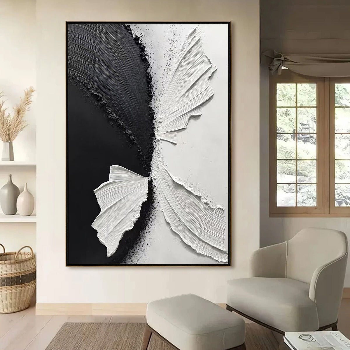 CONVERGENCE: Textured Black and White Minimalist Impasto Wall Art