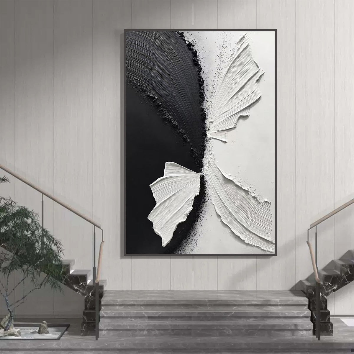 CONVERGENCE: Textured Black and White Minimalist Impasto Wall Art