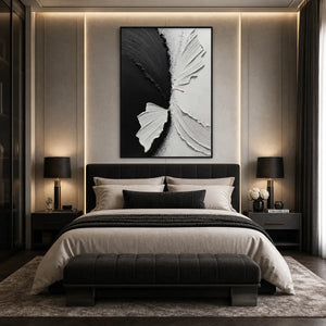 Black and white textured impasto wall art above a modern bedroom bed