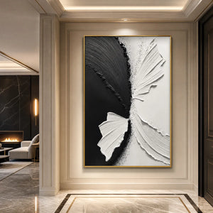 Black and white impasto wall art with textured abstract brushstrokes in gold frame
