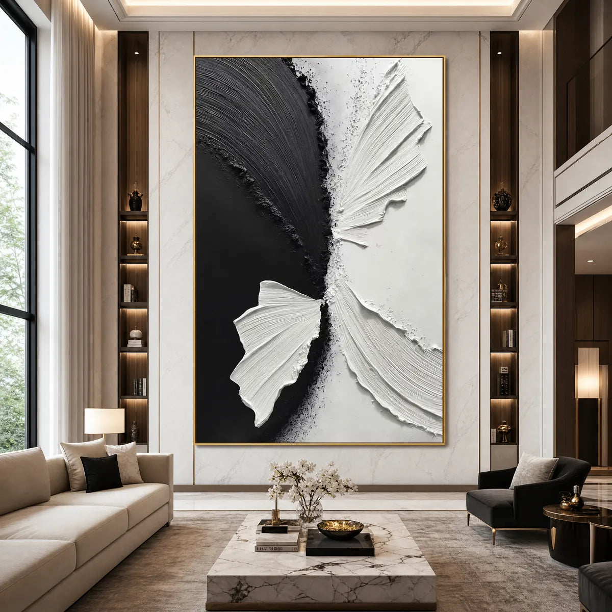 Textured black and white impasto wall art in a modern luxury living room
