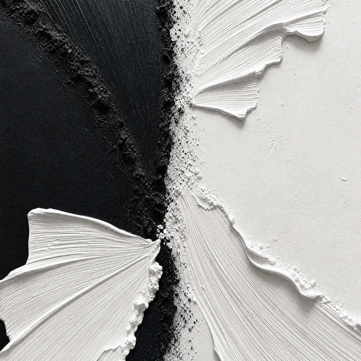 Textured black and white impasto wall art with sculptural abstract brushstrokes