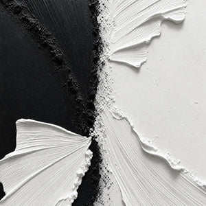 Textured black and white impasto wall art with sculptural abstract brushstrokes