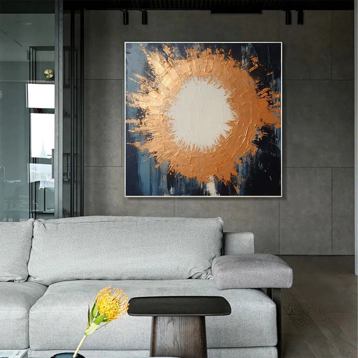 Square Abstract Oil Painting with Copper and Dark Blue