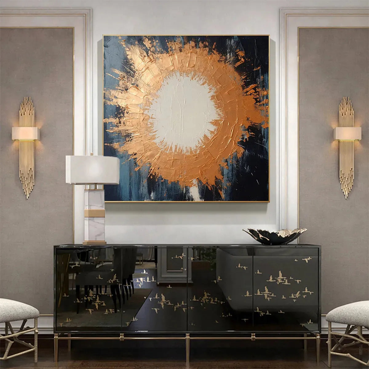 Square Abstract Oil Painting with Copper and Dark Blue