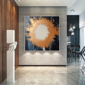 Square Abstract Oil Painting with Copper and Dark Blue
