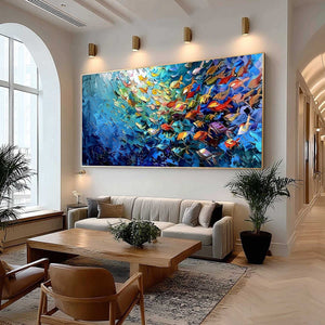 CORAL RUSH: Textured Impasto Painting of a Vibrant School of Fish