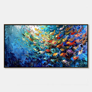 CORAL RUSH: Textured Impasto Painting of a Vibrant School of Fish