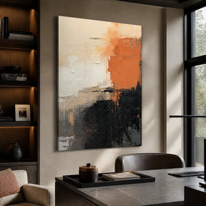 Coral black neutral abstract oil painting in a luxury modern office.