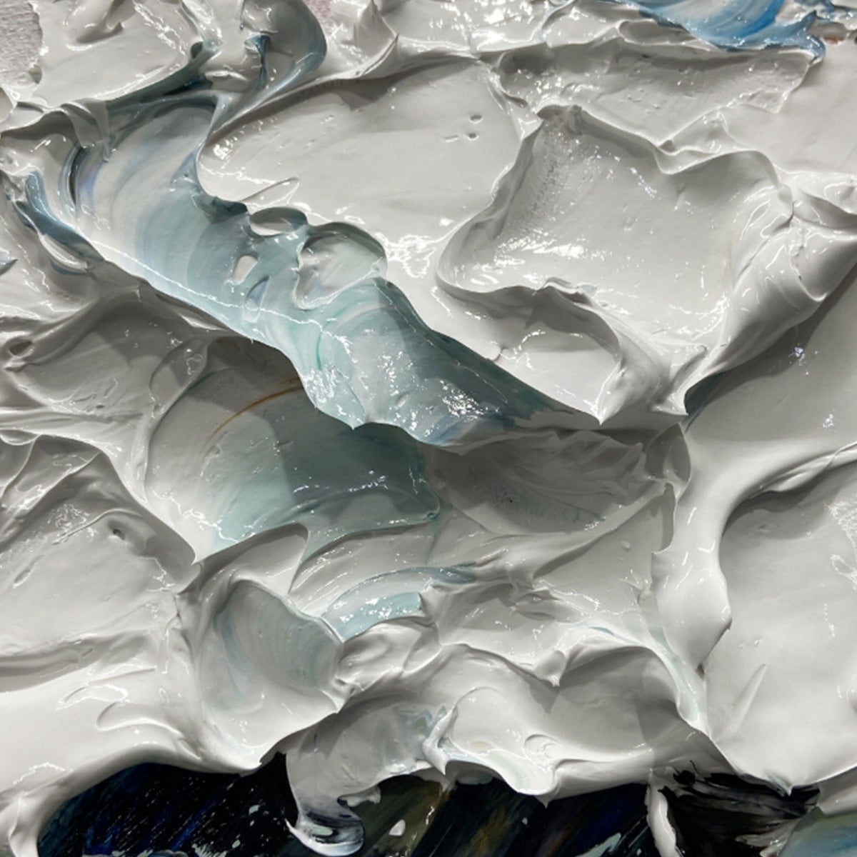 Textured impasto painting of a dynamic ocean wave in shades of blue and pink by Liam O'Connell, showcasing coastal serenity.