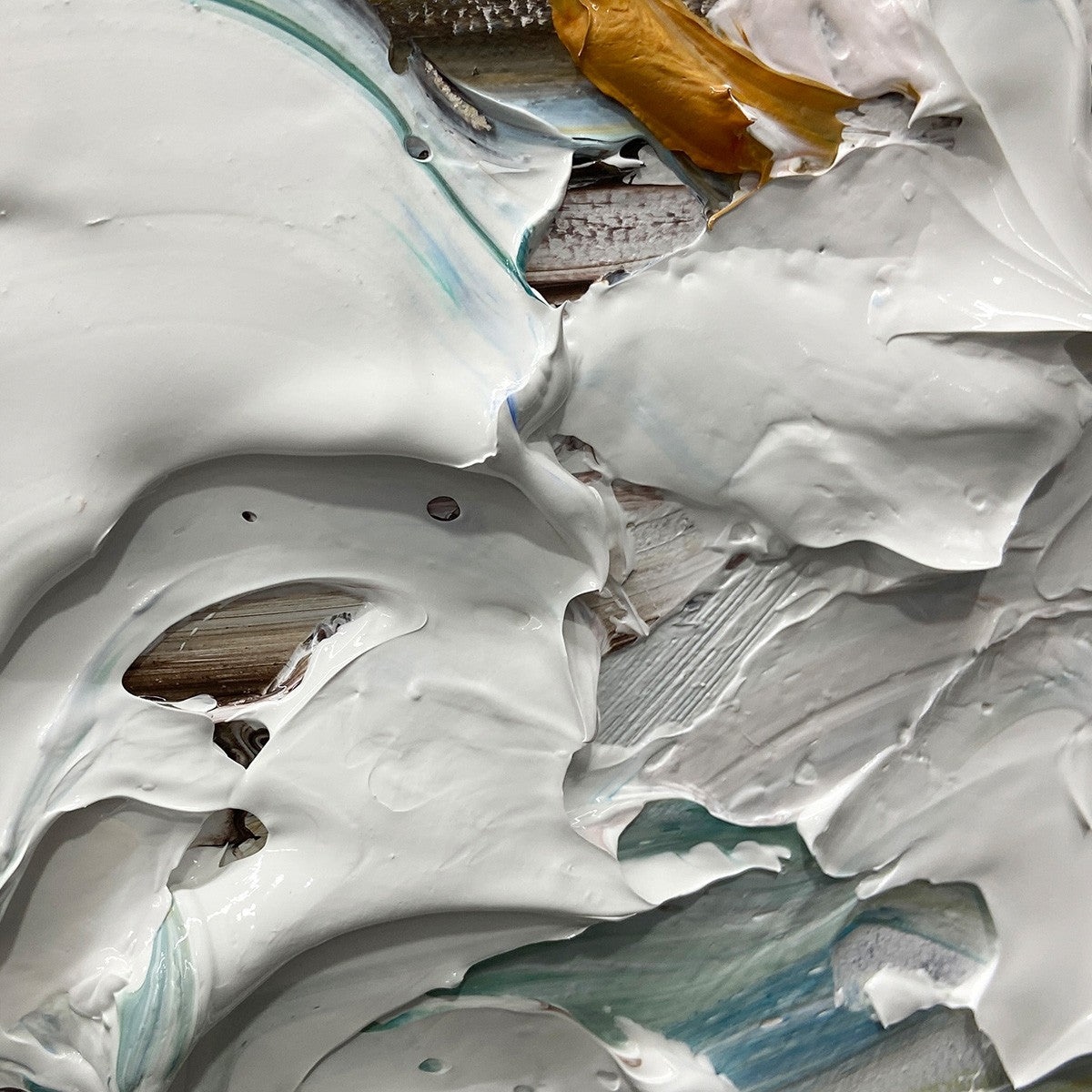 Textured impasto painting of a dynamic ocean wave in shades of blue and pink by Liam O'Connell, showcasing coastal serenity.