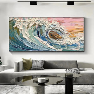 Textured impasto painting of a dynamic ocean wave in shades of blue and pink by Liam O'Connell, showcasing coastal serenity.