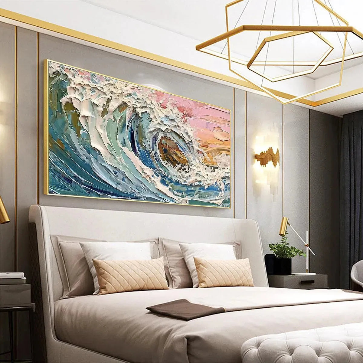 Textured impasto painting of a dynamic ocean wave in shades of blue and pink by Liam O'Connell, showcasing coastal serenity.