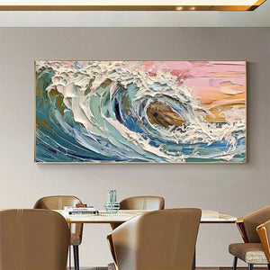 Textured impasto painting of a dynamic ocean wave in shades of blue and pink by Liam O'Connell, showcasing coastal serenity.