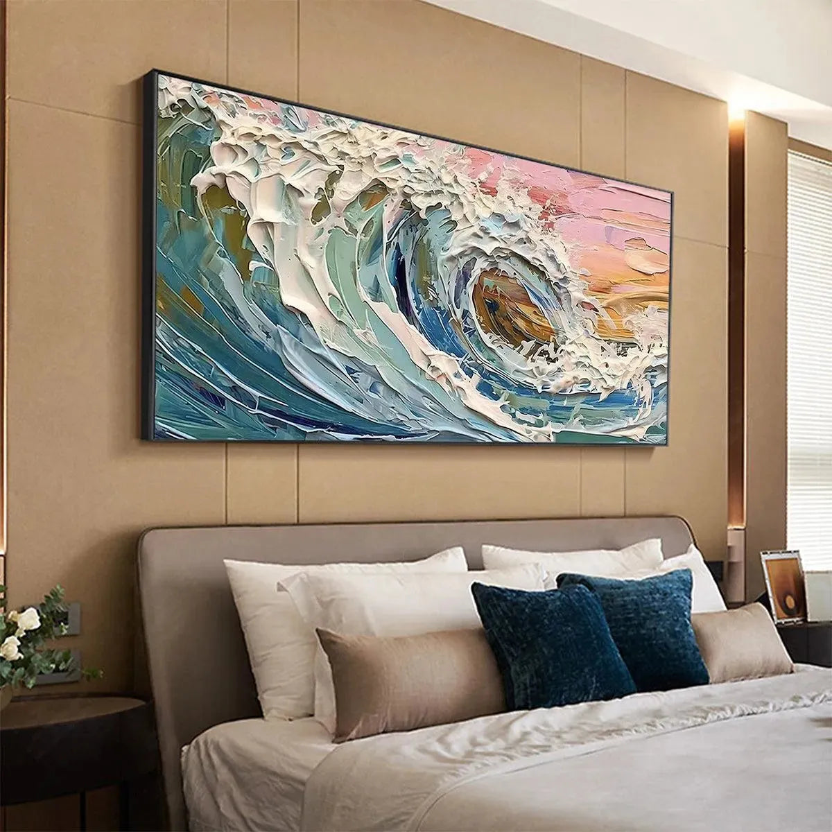 Textured impasto painting of a dynamic ocean wave in shades of blue and pink by Liam O'Connell, showcasing coastal serenity.