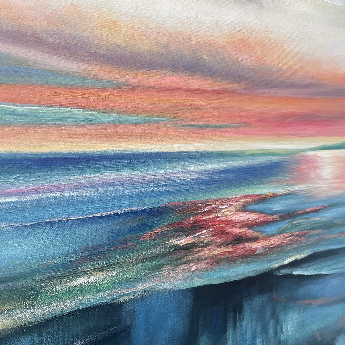 Square oil painting of vibrant sunset over blue ocean with coral reef, coastal landscape artwork.