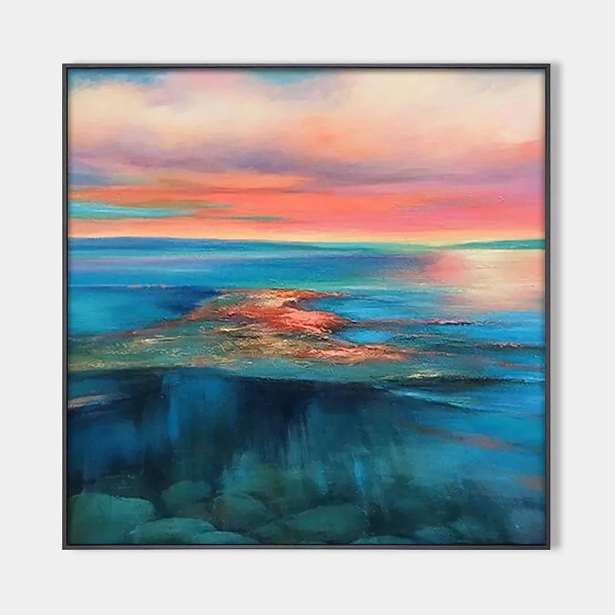 Liam O'Connell's Coral Reef Sunset square wall art painting, vibrant pink and orange sky reflecting on blue ocean.