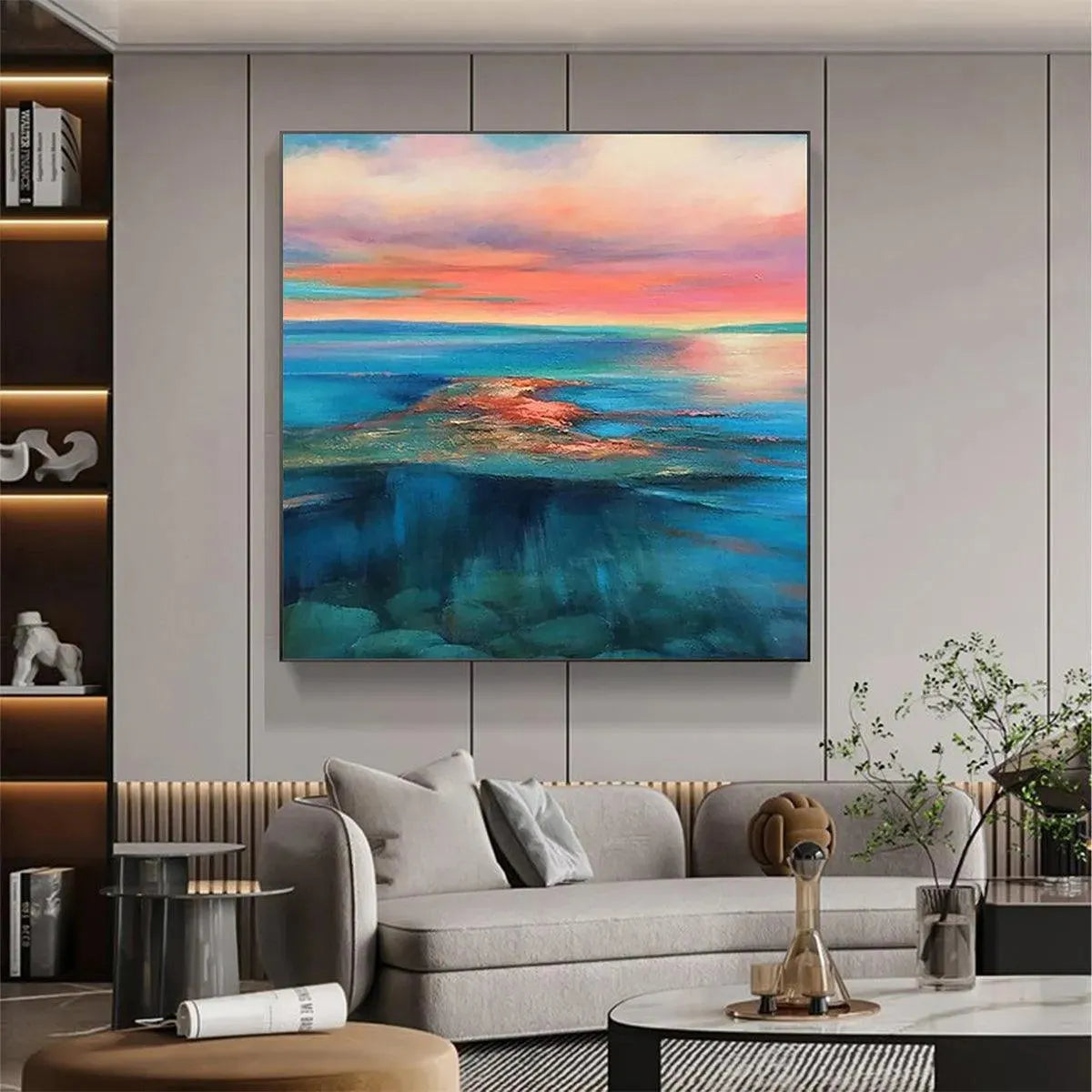 Liam O'Connell's Coral Reef Sunset square wall art painting, vibrant pink and orange sky reflecting on blue ocean.